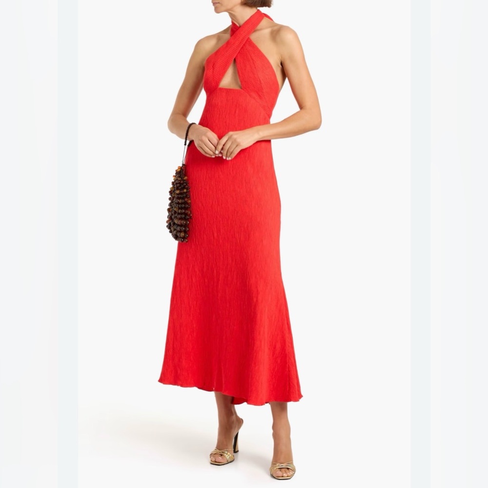 $1250 NWT Johanna Ortiz Runway 100% Silk Red Heart Cutout Halter Maxi Dress - Picture 6 of 16